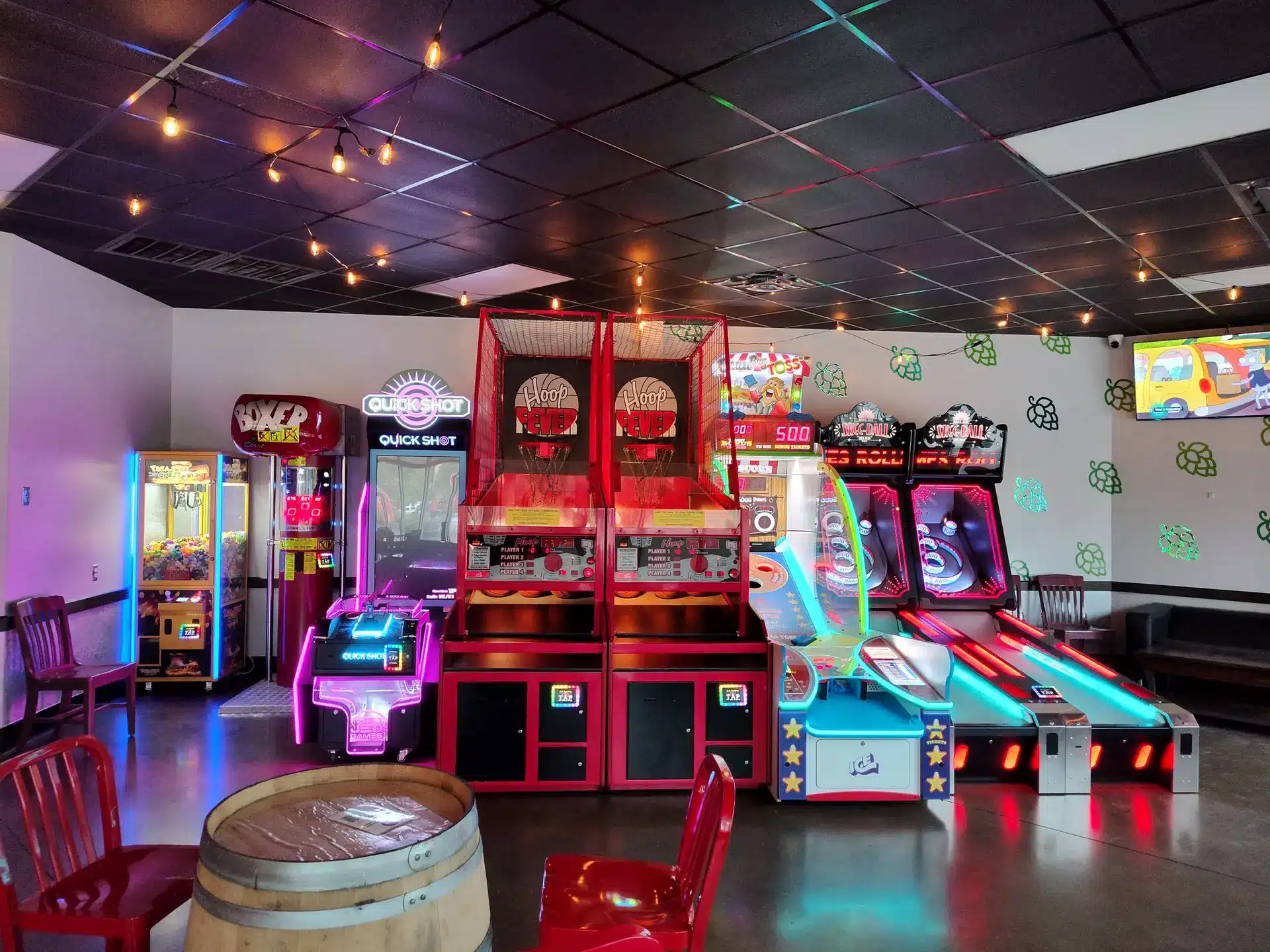 Arcade Games featuring a Duck Claw Machine, Boxer Game, Quick Shot Shooter, Two Basketball Hoop Fever Games, Bean Bag Toss, and Two Skee-Ball Games. Variety of arcade games available for play. Arcade games with colorful lights.